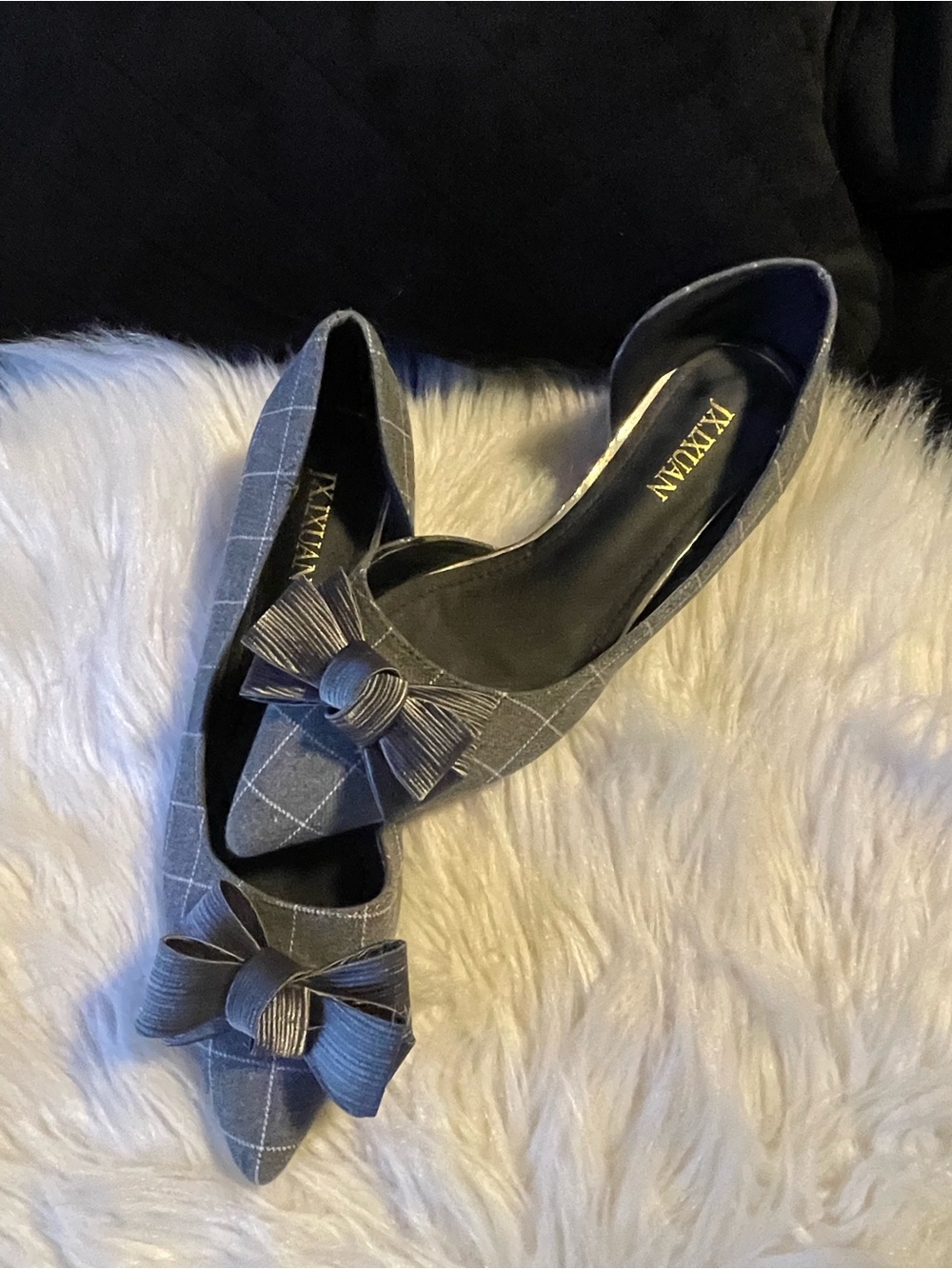 Kaxin Gray Plaid Pointed Toe Bow Flats - Women's Loafers